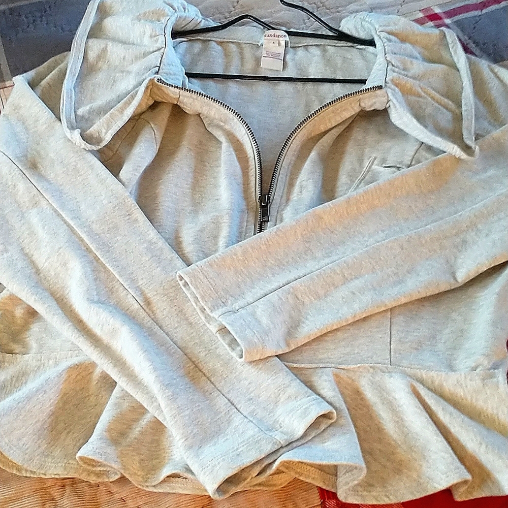 Sundance Lightweight Ruffle Jacket Stretch Knit Sweatshirt Peplum Hem Gray L